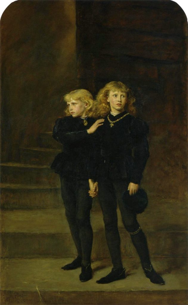 Later re-imagining of the two princes held prisoner in the tower. Two young boys with long, golden hair and blue eyes wear dark clothes and hold hands. They look nervously around them- but with resolution.